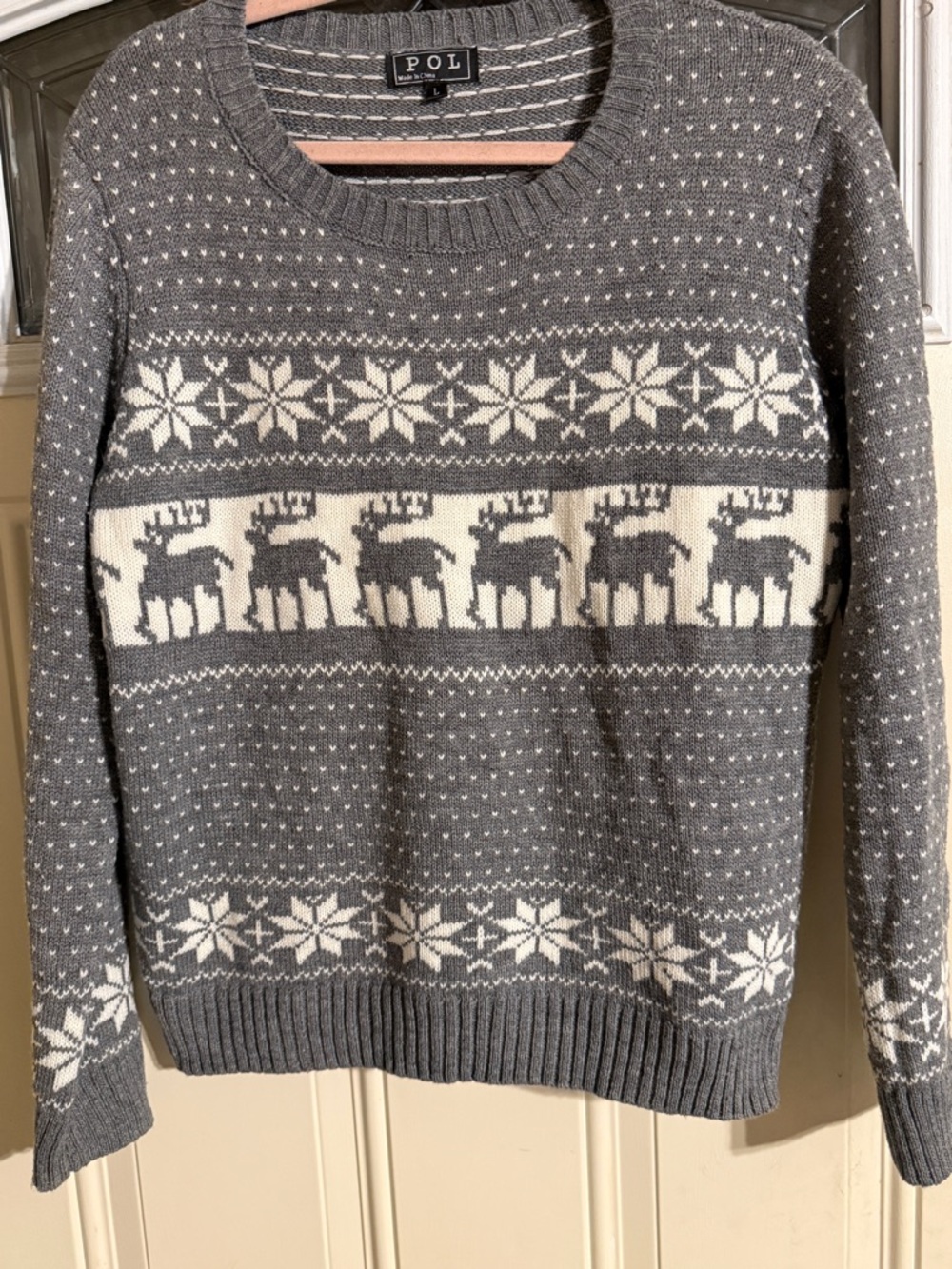 POL Gray and Cream Fair Isle Reindeer Crewneck Sweater